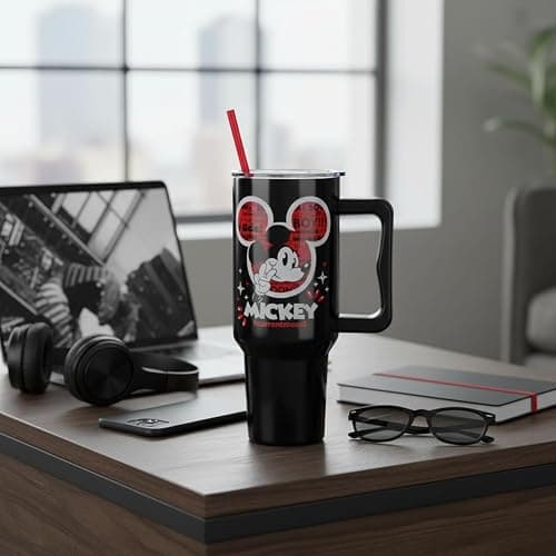Silver Buffalo Disney Mickey Mouse, Stainless Steel Tumbler, 40oz | Classic Hashtag Current Mood #currentmood, Double Walled, Handle, Straw, Fits in Standard Cup Holder, 1.18 Liters thumbnail 2
