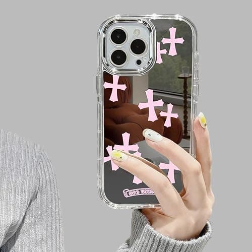 ezyuzy for iPhone 13/14 Phone Case, Bless Cross Design with Glossy Finish Phone Cover Mirror Back Shockproof Protective Case for Girls Women, Pink - Image 1
