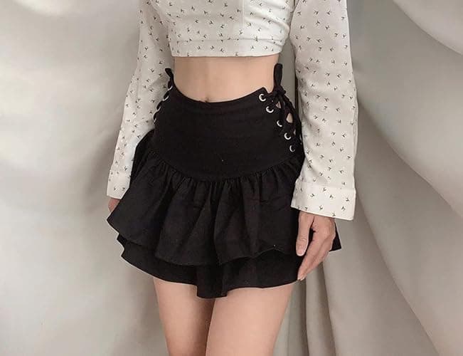 Women Gothic Skirt Fairy Grunge Aesthetic Mall Goth Mini Skirts 2000s E Girl Clothing Fluffy Ruffle Lace-Up thumbnail 5