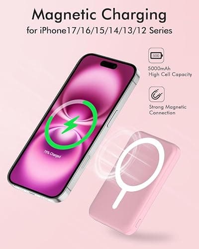 podoru for Magsafe Battery Pack, 5000mAh Magnetic Power Bank with Type-C Cable 20W PD Fast Charging Lighting Input Wireless Portable Charger for iPhone 17/16/15/14/13/12/ All Series-Pink thumbnail 3