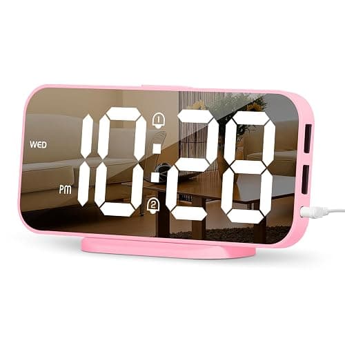 ALANAS Pink Mirror Digital Alarm Clock for Girls & Teens, Dual Alarms, Snooze, Adjustable Brightness, 2 USB Ports, Weekday Display, Cute Bedside Clock for Kids, Bedroom, Desk, Dorm, Gift Idea - Image 1