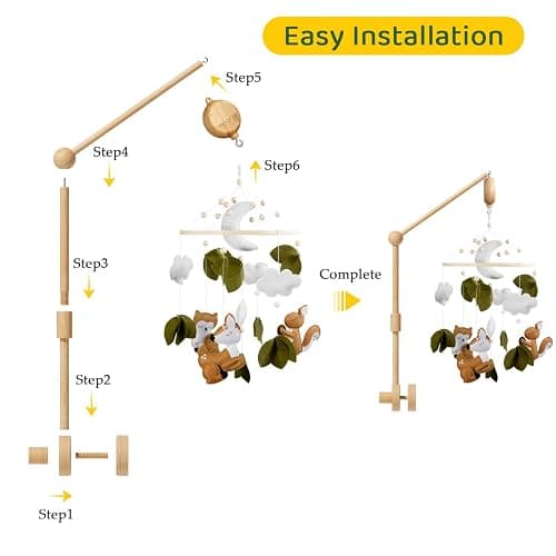 FEISIKE Woodland Animals Theme Bassinet Baby Nursery Mobiles with Modes Digital Music Box 3In1 Set-34 Inch Wooden Mobile Arm for Crib Mobile Hanger for Crib Baby Nursery Decor thumbnail 3