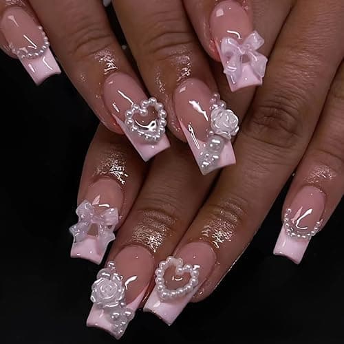 DANMANR Pink Fake Nails Bow False Nails Full Cover Acrylic Square Medium French Flower Fake Nails for Women and Girls 24PCS - Image 1