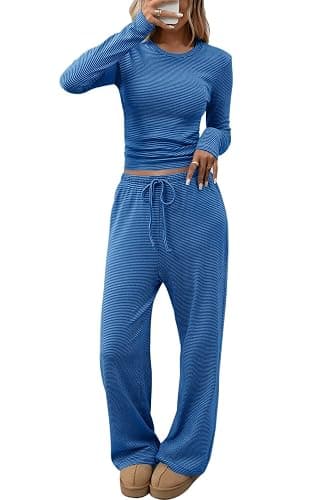 CHYRII Womens Two Piece Sets Fall Fashion Striped Long Sleeve Tops Wide Leg Palazzo Pants Outfits Loung Sets - Image 1