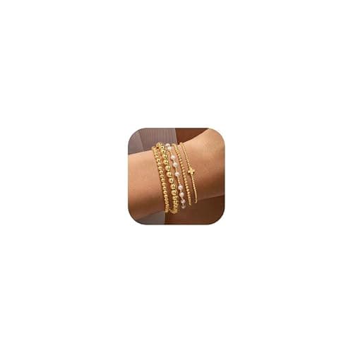 Yoosteel Gold Beaded Bracelets Set for Women Teen Girl Gifts Non Tarnish - 14K Gold Plated Dainty Round Bead Ball Pearl Cross Bracelet Stack for Women Teenage Girls Stackable Jewelry Christmas Gifts - Image 1