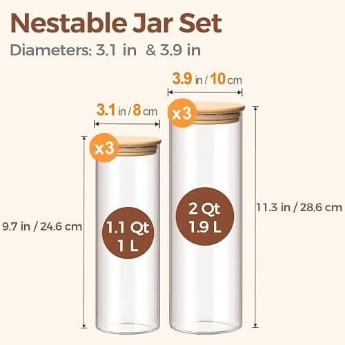 ComSaf Glass Food Storage Jars Set of 6, Tall Glass Storage Containers with Lids, Spaghetti Jar, Canisters Set for the kitchen, Pasta, Flour, Nuts, Oat, Coffee and Sugar Container, Pantry Organization thumbnail 3