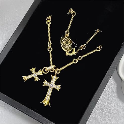 HUARJO Double Cross Vintage CZ Diamond Cross Long Pendant Necklace 18k Gold Plated Choker Necklace for Women,Trendy Jewelry Gifts for Women. - Y2k-18K Gold thumbnail 5
