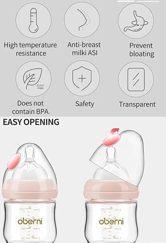 Oberni Glass Baby Bottles,Anti Colic Breastfeeding Bottle with Natural Response Nipple Size S,Wide Neck Slow Flow Baby Bottle for Baby,Newborn,Preemie 0-3 0-6 Month,BPA Free (Pink, 1 Pack, 4 Ounce) thumbnail 9