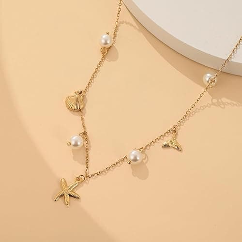 RIXERKOC Collier de Charme en Or pour Femme, Délicat Pendentif Etoile de Mer en Perle, collier joli coquillage en or 14k, collier ras de cou à breloques boho, bijoux d'été plage surfeur thumbnail 7