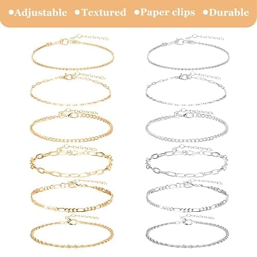 KFHENSOMR 12pcs Gold/Silver Ankle Bracelets for Women Layered Waterproof 14k Cuban Link Chain Anklets Set Adjustable Dainty Summer Beach Gold Accessories Boho Bracelet Jewelry thumbnail 8