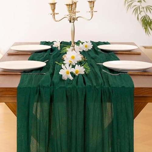 Cheesecloth Table Runner Fall Boho Wedding Birthday Party Home Decor | Emerald Green 2pcs Rustic Gauze 10FT Cheese Cloth Sheer Farmhouse Runner for Baby Shower Bridal Holiday Decorations thumbnail 2