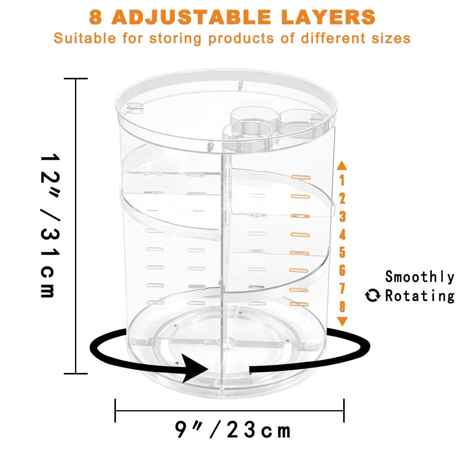 Rotating Makeup Organizer, DIY 8 Adjustable Layers Spinning Skincare Organizer, Cosmetic Display Case with Brush Holder Perfume Tray, Multi-Function Storage Carousel for Vanity Bathroom Countertop thumbnail 3