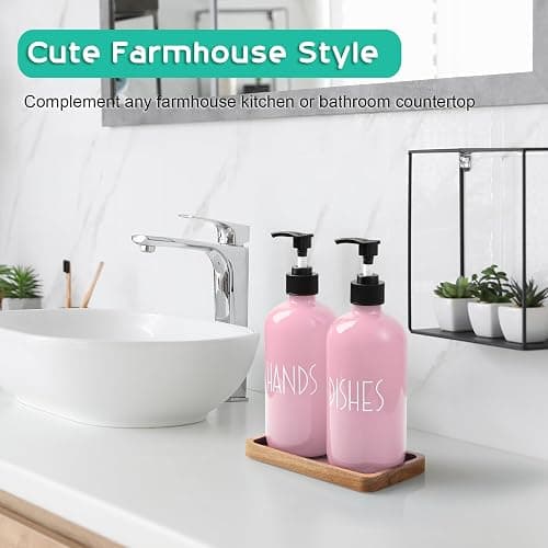 ALELION Dish Soap Dispenser for Kitchen - 16 OZ Glass Hand Soap Dispenser Set with Acacia Wood Tray - Pink Kitchen Bathroom Decor and Accessories thumbnail 5