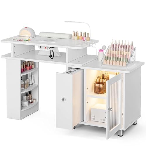 Paddie Manicure Table Nail Desk with LED Lamp & Light, Glass Cabinet Door Nail Table Station w/Dust Collector, Charging Station, Removable Acrylic Container, Cabinet and Drawer(White-New) - Image 1