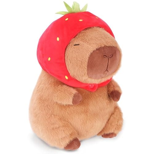 RichRabbit Cute Capybara Plush Capibara Stuffed Animal Plushies Toys Hugging Gifts for Kids Brown Plush Wear Strawberry Hat Soft 9 inch - Image 1