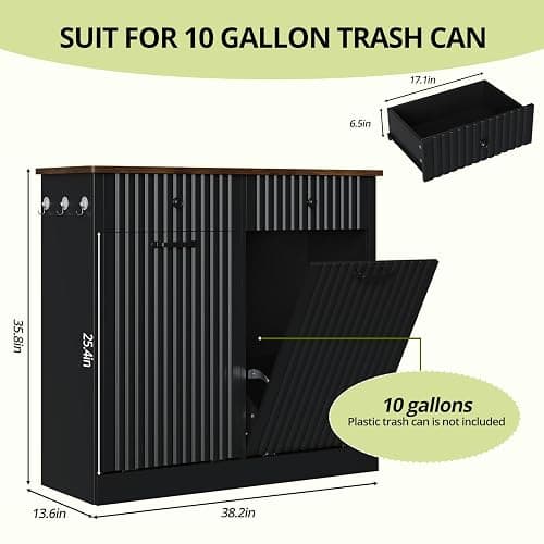 VKUCI Double Tilt Out Trash Can Cabinet, 20 Gallon Fluted Laundry Hamper Cabinet with 2 Drawers, Wooden Hidden Garbage Can Cabinets for Kitchen, Living Room, Without Trash Bin or Laundry Hamper,Black thumbnail 2