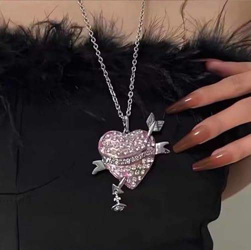 ZHAOZHAO Silver Pink Love Heart Necklaces of Saturn for Women - Punk Love Heart Crystal Quartz Saturn Pendant Necklace thumbnail 5