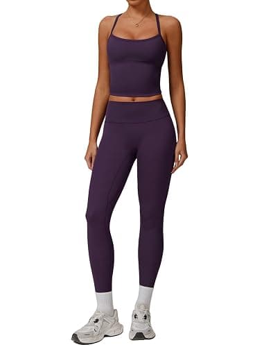 QBGJTD Womens Workout Sets Two Piece Cross Back Tank Top Matching High Waist Leggings Sets Gym Outfits Work Out Clothes - Image 1
