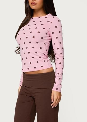 UAURORAO Women Polka Dot Top Long Sleeve Crewneck Y2K Crop Tops Dots Print Stretch Slim Fit T Shirts thumbnail 2
