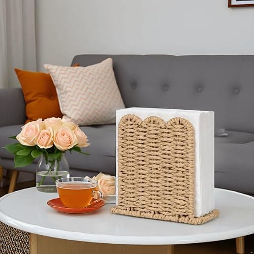 CubesLand Scalloped Edge Napkin Holder for Table Home Rustic Room Decor, Paper Rope Napkin Dispenser for Kitchen Countertop Dining Hotel, Cocktail Napkin Holder for Indoor & Outdoor Party, Beige thumbnail 7