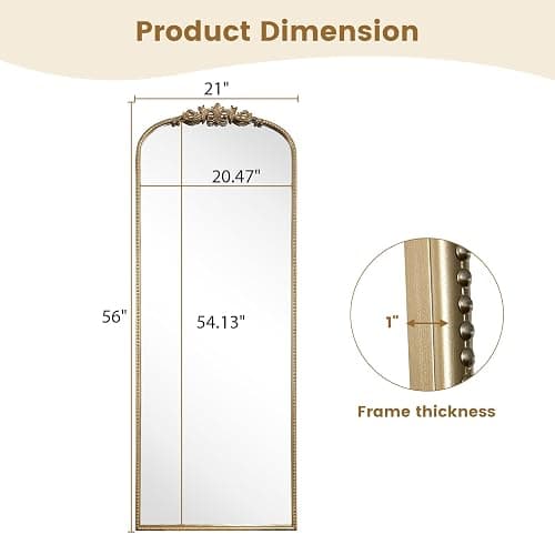 WallBeyond Arched Full Length Mirror Wall Mounted, 21x56 Inch Gold Antique Mirror, Vintage Metal Frame Full Body Mirro for Bedroom, Living Room, Hanging or Leaning thumbnail 3