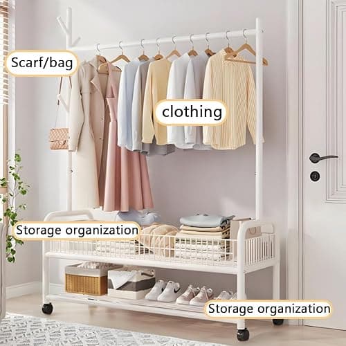 Qshare Clothing Rack with Wheels, Multi-Functional Bedroom Clothing Rack,Garment Rack with Bottom Shelves and Basket,Garment Rack Free-Standing Clothes Rack for Hanging Clothes (White) thumbnail 4
