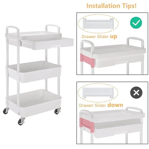 Calmootey 3-Tier Rolling Utility Cart with Drawer,Multifunctional Storage Organizer with Plastic Shelf & Metal Wheels,Storage Cart for Kitchen,Bathroom,Living Room,Office,White - 3-Tier - White thumbnail 6