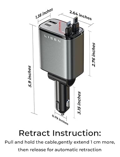 LISEN Retractable Car Charger, 69W USB C Car Accessories Adapter for iPhone 16 USB C Charger Fast Charging,Gifts for Women Men, Travel Essentials, Truck Accessories, for iPhone 16 Pro Max 15 14 13 12 - Grey - 31.5 Inch thumbnail 6