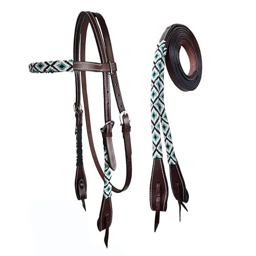 3.   Tahoe Tack Western Leather Horse Headstall with Turquoise Navajo Beaded Browband and Split Reins, 1-Year Warranty - Image 1