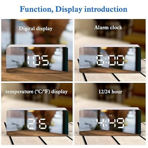 RMFC LED Digital Mirror Alarm Clock with Temperature & Date Calendar for Bedside, Bedroom, Office, Snooze, Adjustable Brightness, Voice Control Night Mode (White) thumbnail 4
