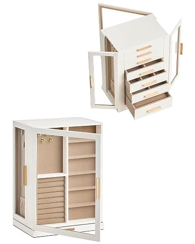 Glimmloop 360° Rotating Jewelry Box with 7 Drawers, Spacious Vertical Jewelry Organizer with Glass Window, Jewelry Storage Case, Dustproof & Moisture-resistant Design, White thumbnail 7