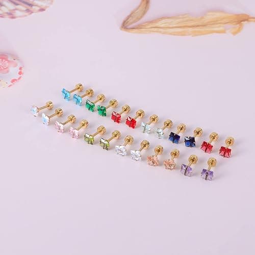 12 Pairs Surgical Stainless Steel Flat Back Screw Back Round Heart Star Square Teardrop Cubic Zirconia Birthstone Stud Earrings Set for Women thumbnail 2