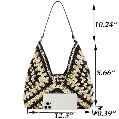 Straw Hobo Bag for Women 2026 Boho Woven Beach Purse Large Summer Straw Tote with Lining Black Raffia Shoulder Bag | straw material thumbnail 4