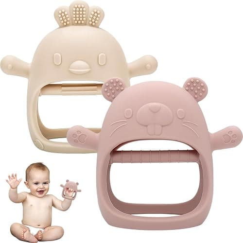 Cseece 2 Pack Teething Toys for Babies, Baby Teething Toys Teething Relief Mitten, Silicone Teether for Baby, Toddler Infant Hand Essentials Chew Toys for Sucking Needs (White/Pink) - Image 1