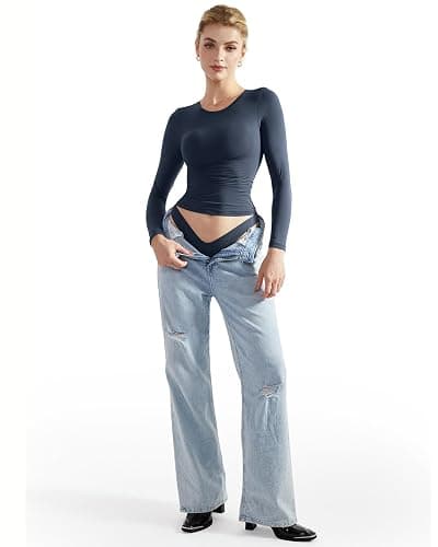 SUUKSESS Women Double Lined Fitted Basic T Shirts Crew Neck Long Sleeve Crop Top thumbnail 5