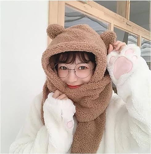 Women Kawaii Bear Ear Beanie Hat Scarf 2 in 1, Cute Winter Warm Sherpa Thicken Fleece Fuzzy Japanese Fluffy Knit Hat thumbnail 5