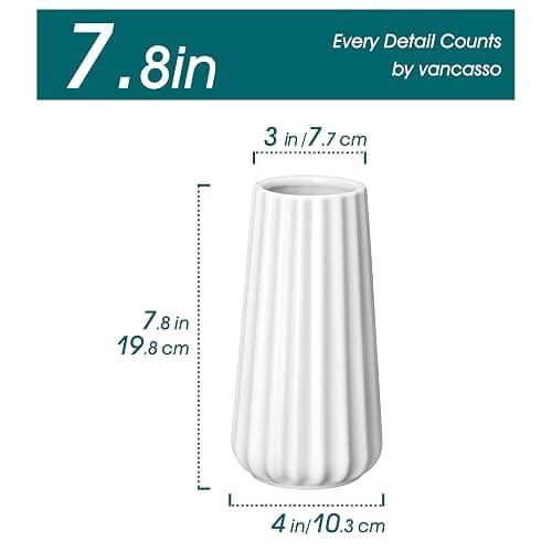 vancasso Ceramic Vase, 7.8 Inch Modern Ribbed Glossy Decorative Vase, Flower vase for Home Decor, Living Room, Bedroom, Office Decor, White thumbnail 3