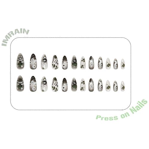 IMRAIN Press on Nails Medium Almond Fake Nails with Cute Pattern Design Glossy Black Ombre Acrylic False Nails Full Cover Glue on Nails Artificial Nail Supplies for Women Girl Nail Decoration thumbnail 2