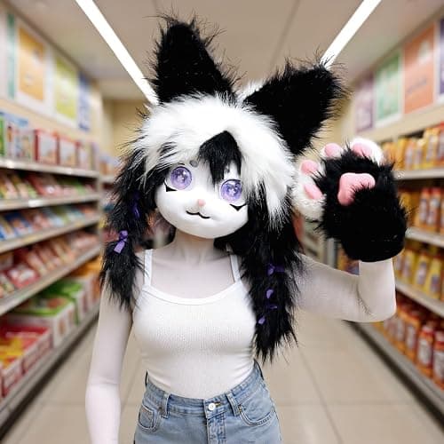 CROOOLTRRY Funny Mask and Paws Set Costume for Adult Cosplay Anime Halloween Cheshire Cat Fox Masquerade Party thumbnail 2