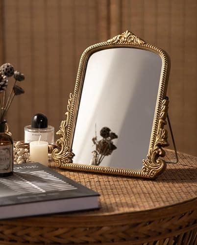 Small Vintage Vanity Makeup Desk Mirror, Antique Traditional Arch Table Mirror in Gold, Decorative Wood Carved Mirror for Living Room Bedroom Tabletop 11.8" x 9.6" thumbnail 2