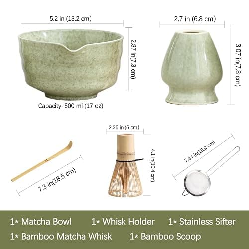 Ochcahser Matcha Set, Japanese Tea Set Includes Matcha Bowl with Spout, Matcha Whisk Holder, Bamboo Matcha Whisk and Bamboo Scoop, 17 oz Mottled Green Glaze Ceramic Matcha Kit for Tea Lovers thumbnail 3
