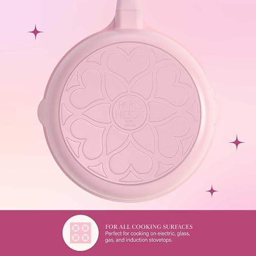 Paris Hilton Ceramic Nonstick Cookware Set, Cast Aluminum with Dual Layer Nonstick Coating, Gold Heart Knobs, Stay-Cool Handles, Made without PFAS, PFOA, PFOS & PTFE, Dishwasher Safe, 10-Piece, Pink thumbnail 6