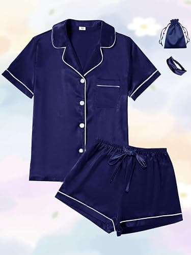 4Pcs Womens Satin Silky Pajama Sets Short Sleeve Shirt XS-4XL Floral Pajamas Set Soft PJ Loungewear Sleepwear thumbnail 3
