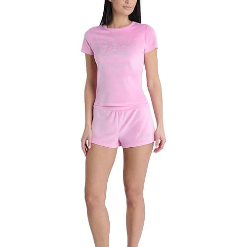 Juicy Couture Women's 2 Piece Velvet Fleece Short Sleeve Shirt and Pajama Shorts Lounge Sleepwear Set - Image 1