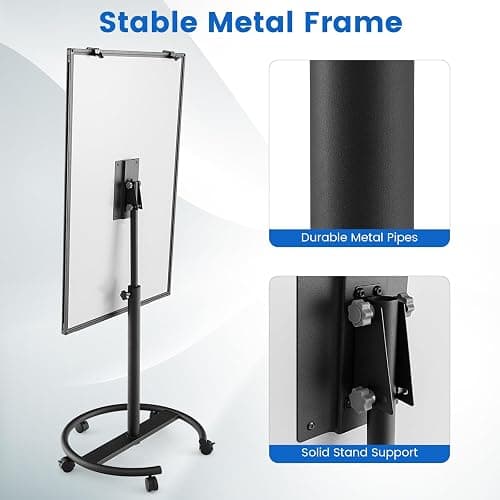 Goplus Rolling Whiteboard, 40” x 26” Height-Adjustable Dry Erase Board on Wheels with Round Stable Stand, Paper Clips & Storage Tray, Mobile Whiteboard w/25 Sheets Paper Pad, Magnets, Markers, Eraser - 40" x 26" thumbnail 6