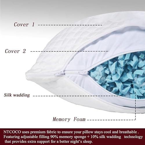 NTCOCO Shredded Memory Foam Bed Pillows for Sleeping Queen Size Set of 2,with Washable Removable Hypoallergenic Sleep Pillow for Back and Side Sleeper thumbnail 4