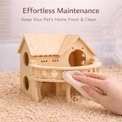 Improved Safety Large Balcony Small & Cute Wooden Hamster House with Large Balcony – Double-Decker Forest-Style Hut for Dwarf Hamsters, Mice, Gerbils, Rats & Small Pets (Compact Size Only) thumbnail 6