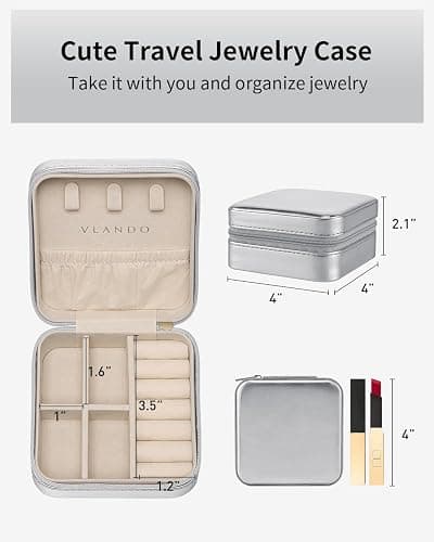 Vlando Small Travel Jewelry Box Organizer - Girls Women Gift Rings Earrings Necklaces Jewelry Storage Display Case - Silver thumbnail 2