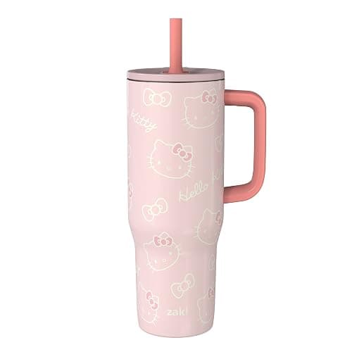 Zak Designs Sanrio Sutton Travel Tumbler for On the Go, 30oz Stainless Steel with Vacuum Insulation, Silicone Straw, and Carry Handle for Cold Drinks (Hello Kitty) - Image 1