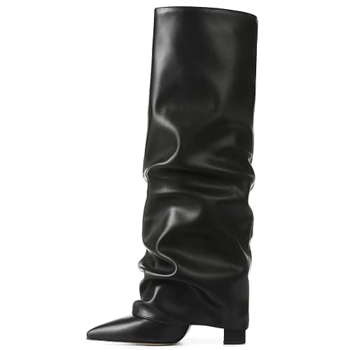 SaraIris Women's Slouchy Knee High Boots - Black, Pointed Toe, Fold Over, Chunky, Shark Boots thumbnail 2